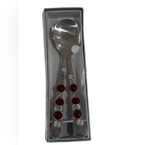 NEW Silver and Red Beaded Salad Serving Spoon Set ~ RARE